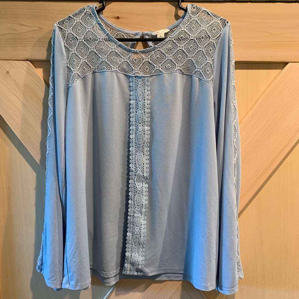 Light Blue Long Sleeve Chiffon & Lace Blouse